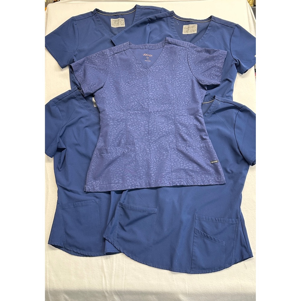 Jockey Skechers Scrub Tops Lot 5 Navy Blue Animal Print V-Neck Medical Women M
